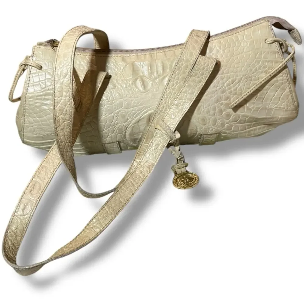 Vintage Brahmin Croc-Embossed Leather Barrel Shoulder Bag – Ivory / Cream - Picture 1 of 10